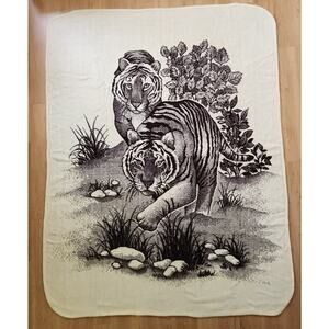 Vtg San Marcos Two Tiger Brown Beige Reversible Blanket Beige Trim Approx 94x73"